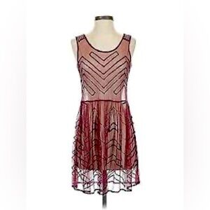 Free People Dress Womens Medium Maroon Mesh Mini Slip Beaded Tank Boho Sheer